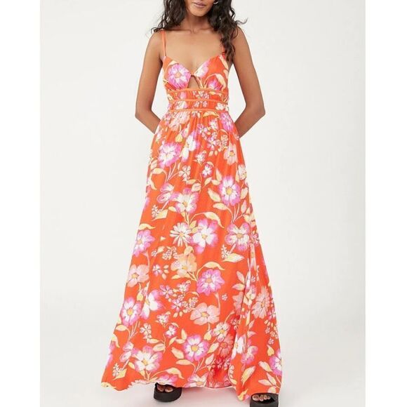 Wisteria Floral Print V-Neck Cut-Out Sleeveless Open Tie Back Detail Maxi Dress - Picture 1 of 3